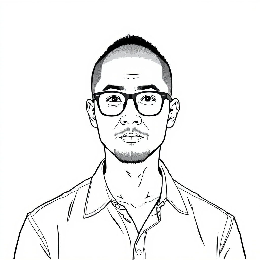 "Create a cool line drawing of a 35-year-old man with a buzz cut, Asian, wearing framed glasses, with a slight beard, and in a shirt." - Image