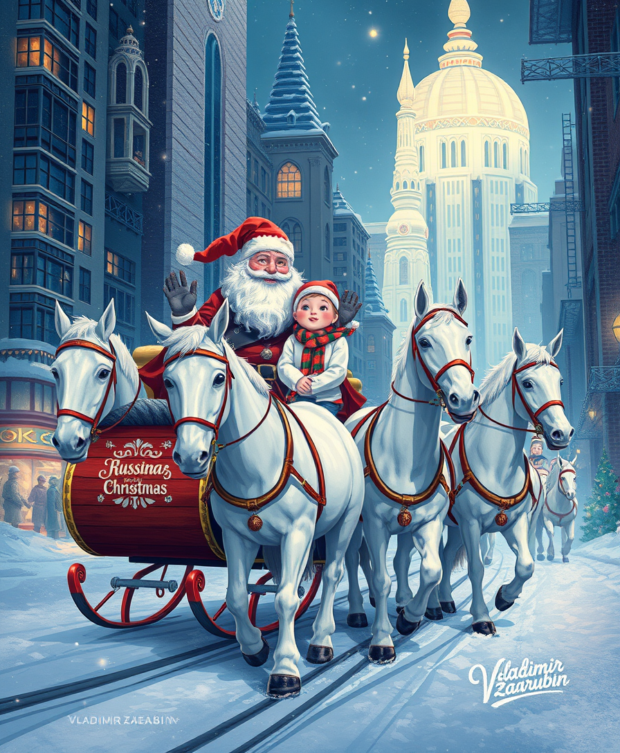 "Russian Snow Grandfather rides in a festive sleigh with cute Snow Maiden, pulled by three white horses through a futuristic city decorated with Christmas lights. Illustration by Vladimir Zarubin."