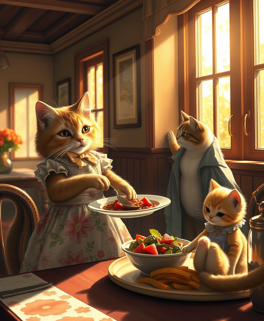 An anthropomorphic cat dressed in a floral print dress serves an appetizing dish. An anthropomorphic cat, dressed in a shirt, is sitting at a table. A small anthropomorphic kitten in a dress is sitting at a table. The warm and inviting atmosphere is complemented by golden sunlight pouring through the windows.