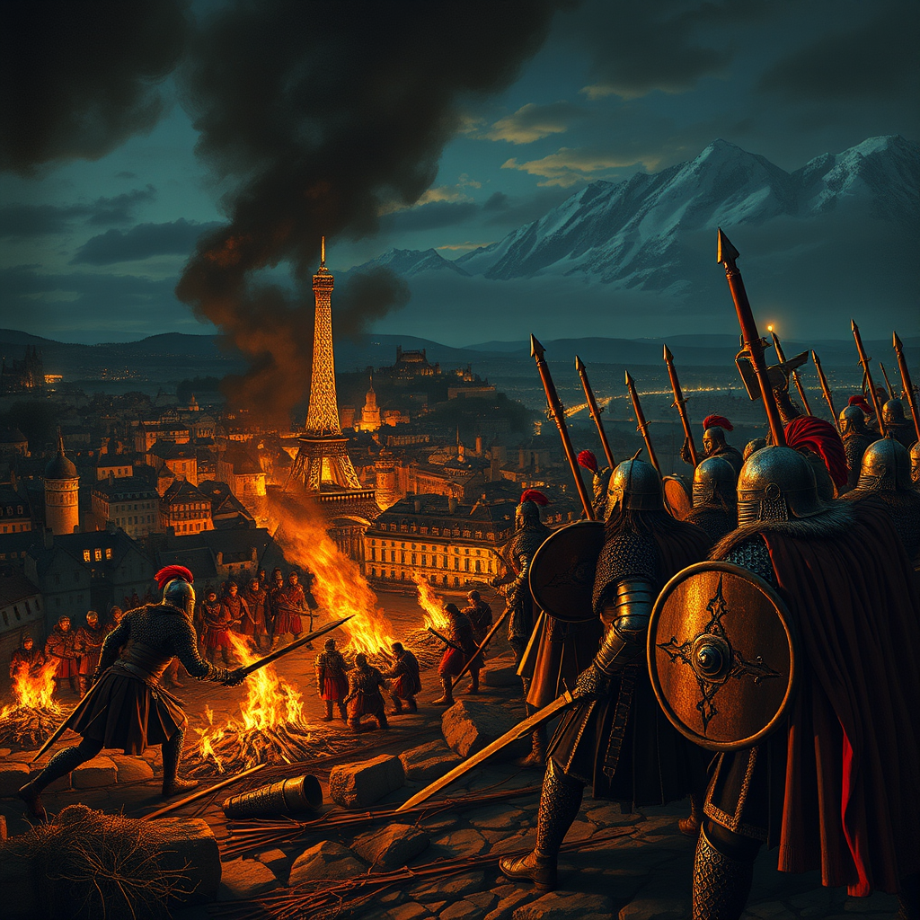 the siege of Paris by the Vikings in 845. night. battle. the city is burning. Vikings in skins. Frenchmen in chain mail.