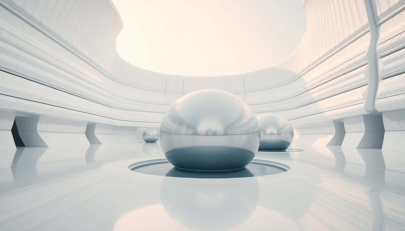 An eye-level, wide-angle shot of a fantasy, futuristic, and alien architectural square that features horizontally and vertically curved structures covered in white metallic reflective material. In the background, there are a few spherical silver objects with reflective, metallic surfaces that resemble large, smooth capsules. These objects are positioned on a sleek, ultra-white shiny floor that reflects their surfaces. The focus is the sleek horizontally and vertically curved architecture covered in white metallic reflective material and a water feature. The mood is serene and cool, bursting with futuristic creativity.