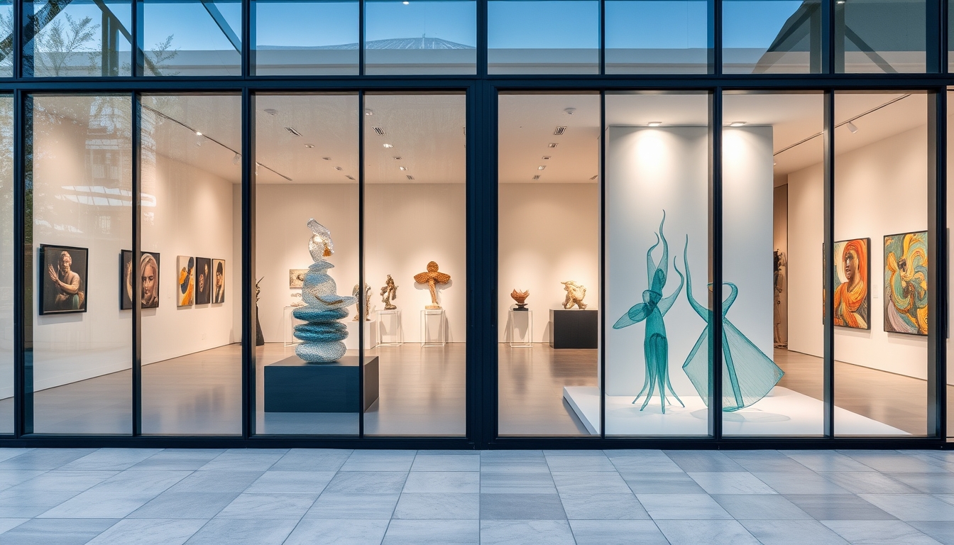 A modern art gallery with glass walls, showcasing contemporary glass sculptures. - Image