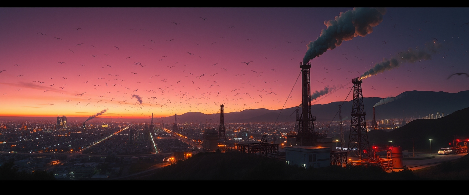 "Ilya Kuvshinov" style.  
Visually absurdly cluttered fantasy landscape.  
"Panoramic view of Los Angeles from the oil pumping stations."  
Lots of wind and magical lights scattered everywhere.  
Dusk.  
Long shadows.  
By "Simon Stalenhag."  
Life-like details.  
Cinematic.  
Dramatic.  
Dynamic.  
Extremely refined lines and shapes.  
Extremely refined details on objects.  
Sharp details.  
Wide range of colors.  
Many details everywhere. Ray-Tracing. Anti-Aliasing. Realistic soft shadows. Low saturation colors. Insane quality. Insane resolution. Insane details. Masterpiece. 32k resolution. - Image