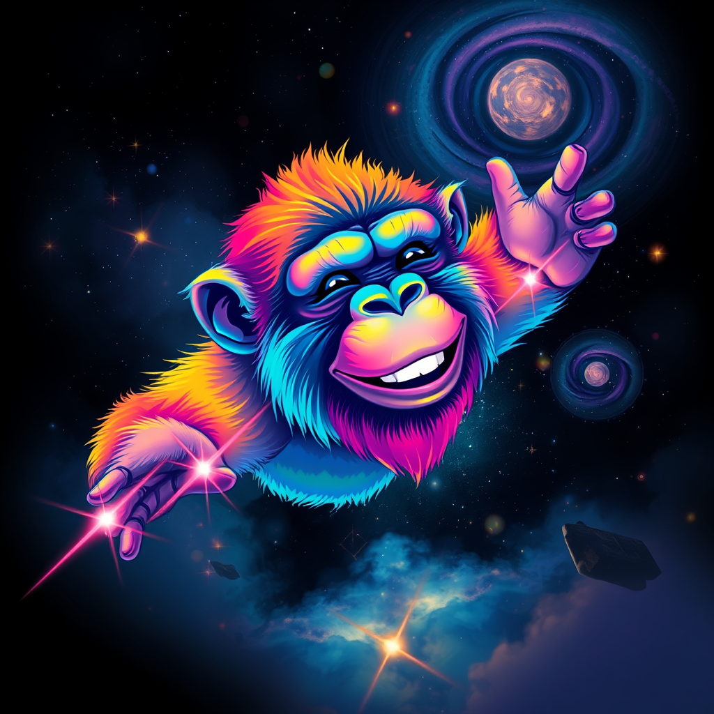 A captivating digital painting of a happy ape soaring through a dreamy, cosmic landscape. The ape sports a vibrant rainbow color palette, with flashes of color interspersed throughout the scene. The background features a starry cosmos with swirling galaxies and nebulas. The ape's eyes are closed, exuding a serene expression, while its serene smile is a testament to its peaceful state. The glitchy edges, fading to black, add a unique and striking touch to the design. The subtle acid rainbow cubic glitch effect adds depth and visual intrigue to this mesmerizing, dreamy tee shirt design. - Image