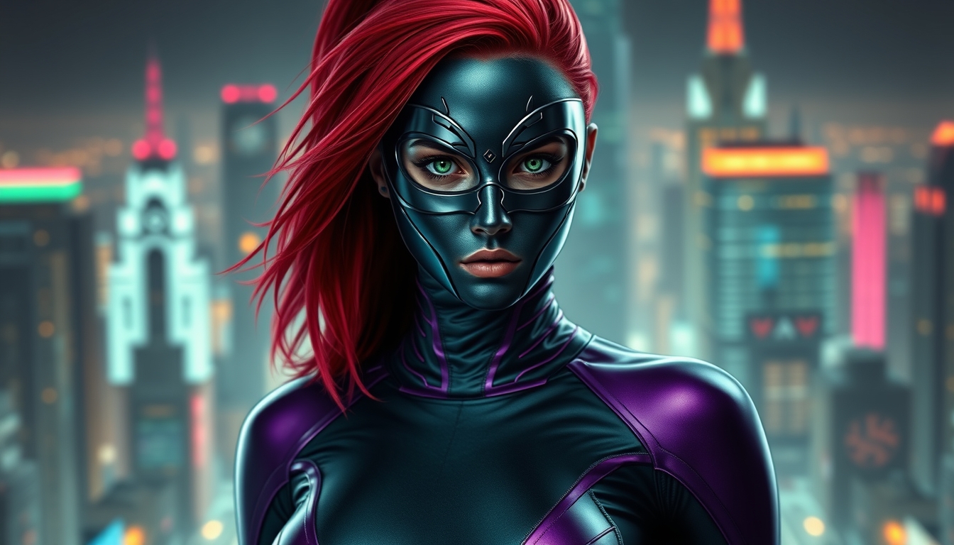 I used Flux AI Image Generator to create this image of a woman with red hair and green eyes wearing a black metallic mask. She's dressed in a skintight black and purple spandex suit, which has a high collar and long sleeves. She's standing perfectly straight. The background features a futuristic city. I love this image; it's like something out of a fantasy movie.