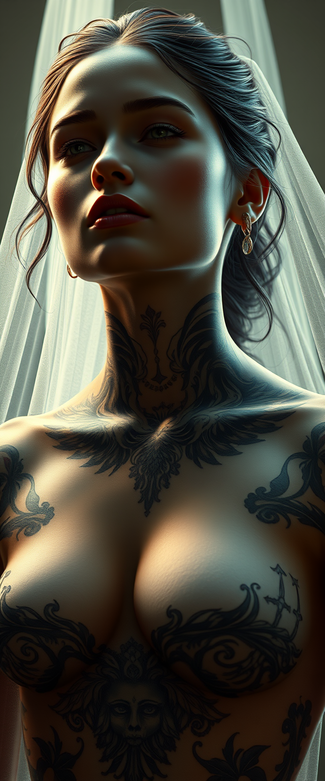 Arafed woman with a tattoo on her chest and chest. A symphony of pixels in hyperrealistic harmony, intricate and softly lit, an 8K revelation trending on ArtStation, brought to you by Leonardo Da Vinci.