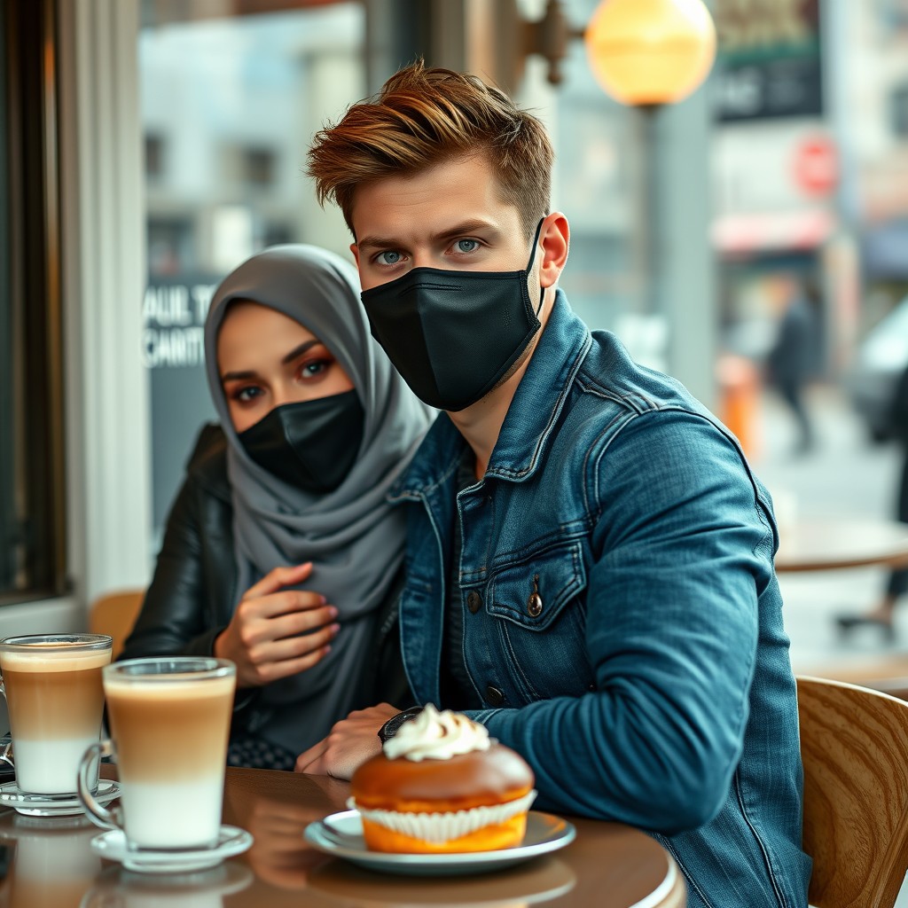 Jamie Dornan's head and body shot, handsome, black face mask, blue jeans jacket, jeans, dating a Muslim girl in a grey hijab, beautiful eyes, black face mask, black leather jacket, the biggest zebra pattern skirt, at a cafe, 2 cups of latte, muffin cake, chocolate donut on a table, photorealistic, hyper-realistic, street photography, selfie.