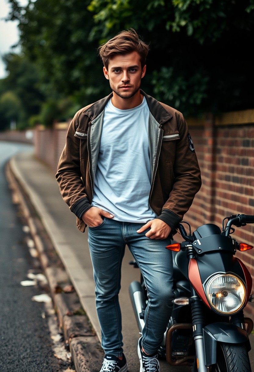 Jamie Dornan head and body shot, handsome, young, serious face, dark brown hair, white t-shirt, collage jacket, skinny jeans, sneakers, standing in a hot style, near a town road, on a superbike, hyper-realistic, street photography, brick wall, full body photo. - Image