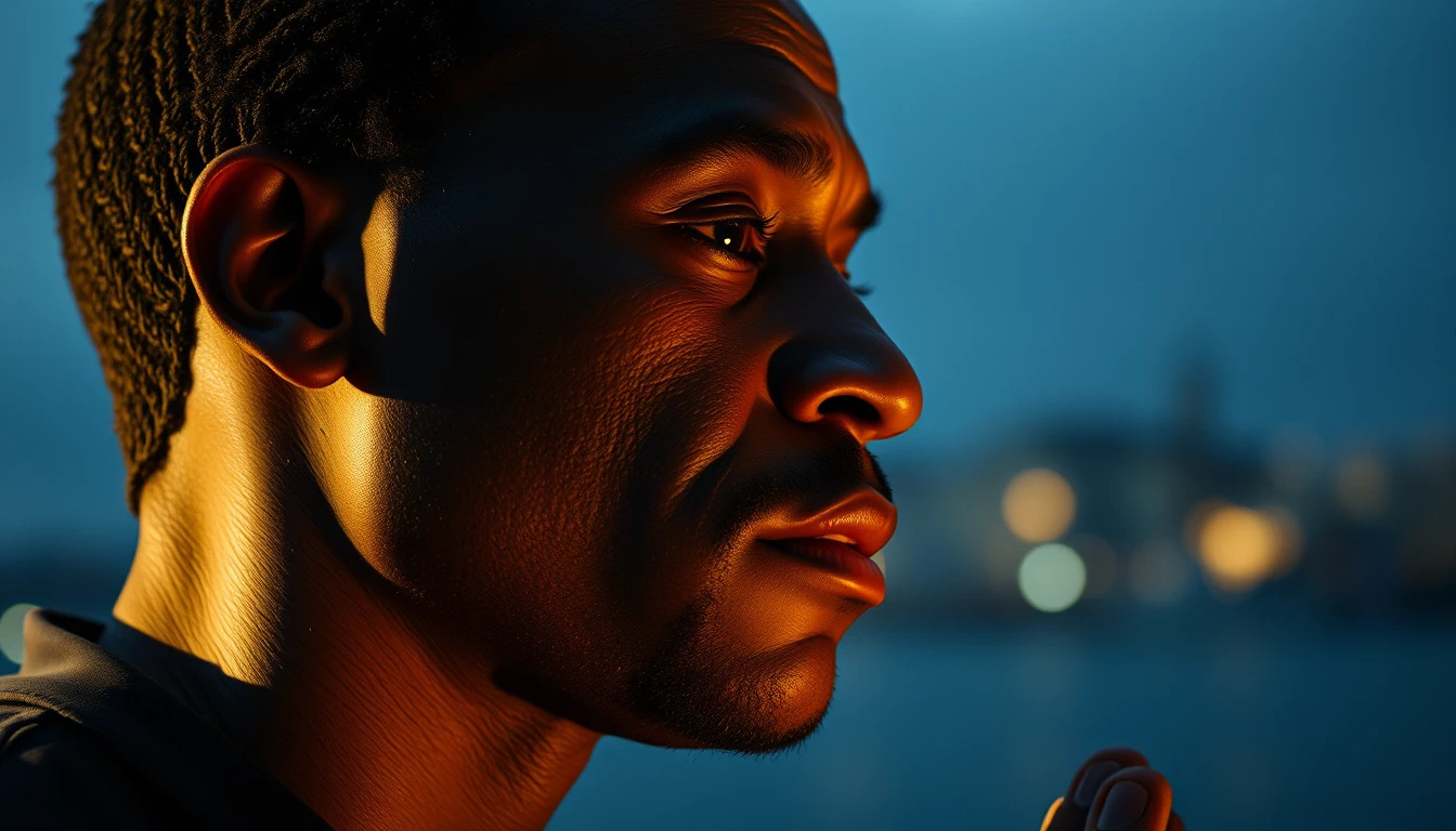 A still from a movie scene, close-up shot of a 30-year-old Rwandan man praying, face lit by mysterious light from above, cinematic shot, Gothenburg in the background, high resolution, awesome color grading. - Image