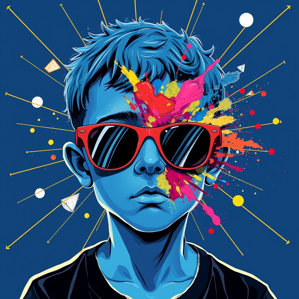 A boy with blue skin and an abstract broken face, wearing sunglasses, surrounded by glass breakage and gold lines on a dark blue background, with a colorful explosion of powder spillage on his face. Illustration style, Andy Warhol style, Picasso style.