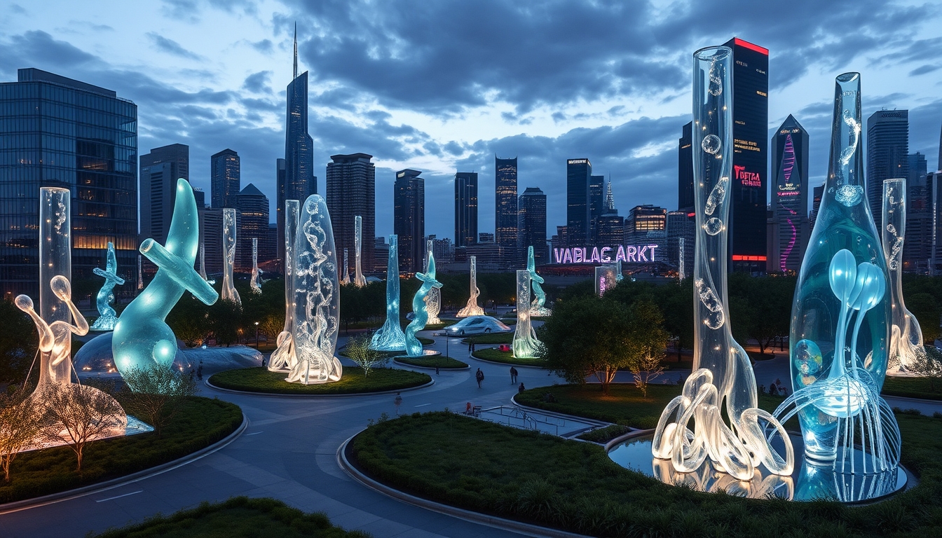 A futuristic city park with glass sculptures and interactive installations.