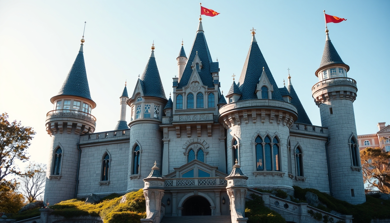 A whimsical fairy tale castle with glass turrets sparkling in the sunlight. - Image