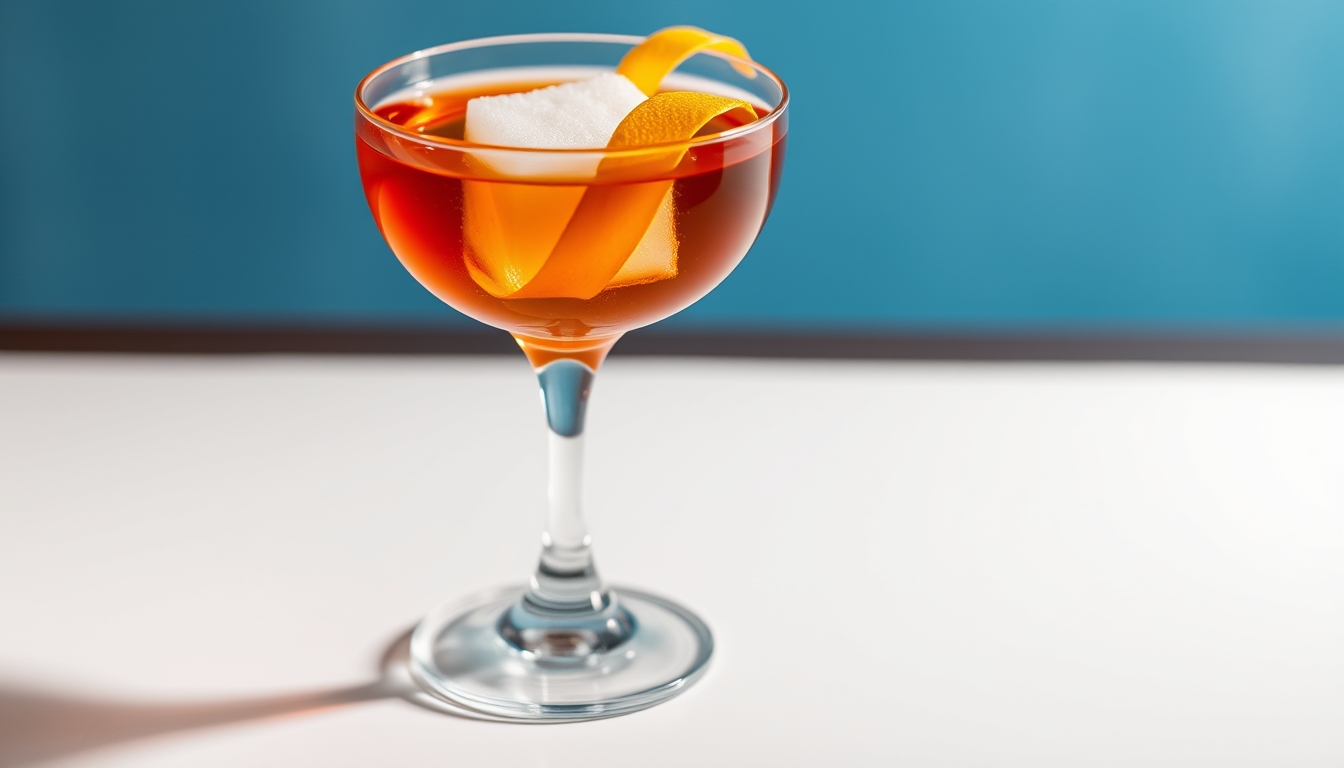 Luxurious whiskey cocktail with a sugar cube and twisted citrus peel garnish, served in an elegant tulip-shaped glass on a crisp white background. - Image