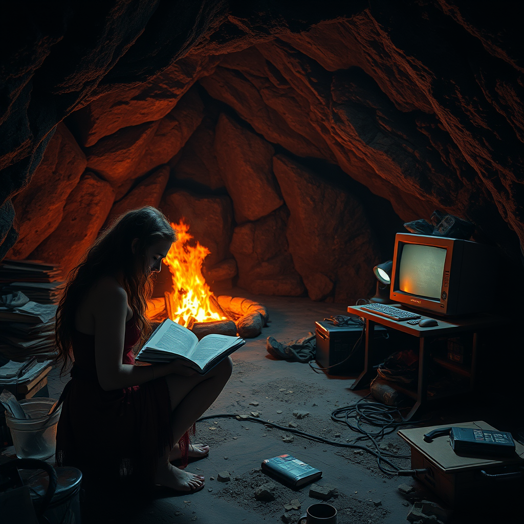 Real-life photography: At night, in the cave, there is a female barbarian reading a book. The cave is very large, with a bonfire, a 90s desktop computer, and some messy household items.