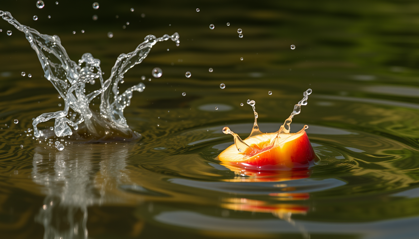 "The peach fell into the water, splashing water."