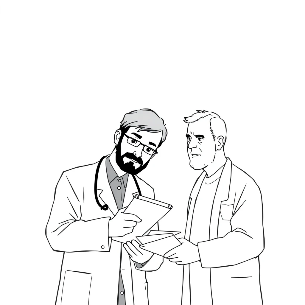 A doctor is taking notes and talking to a middle-aged man next to him, in a minimalist style with simple black and white lines, white background, and anime style. - Image