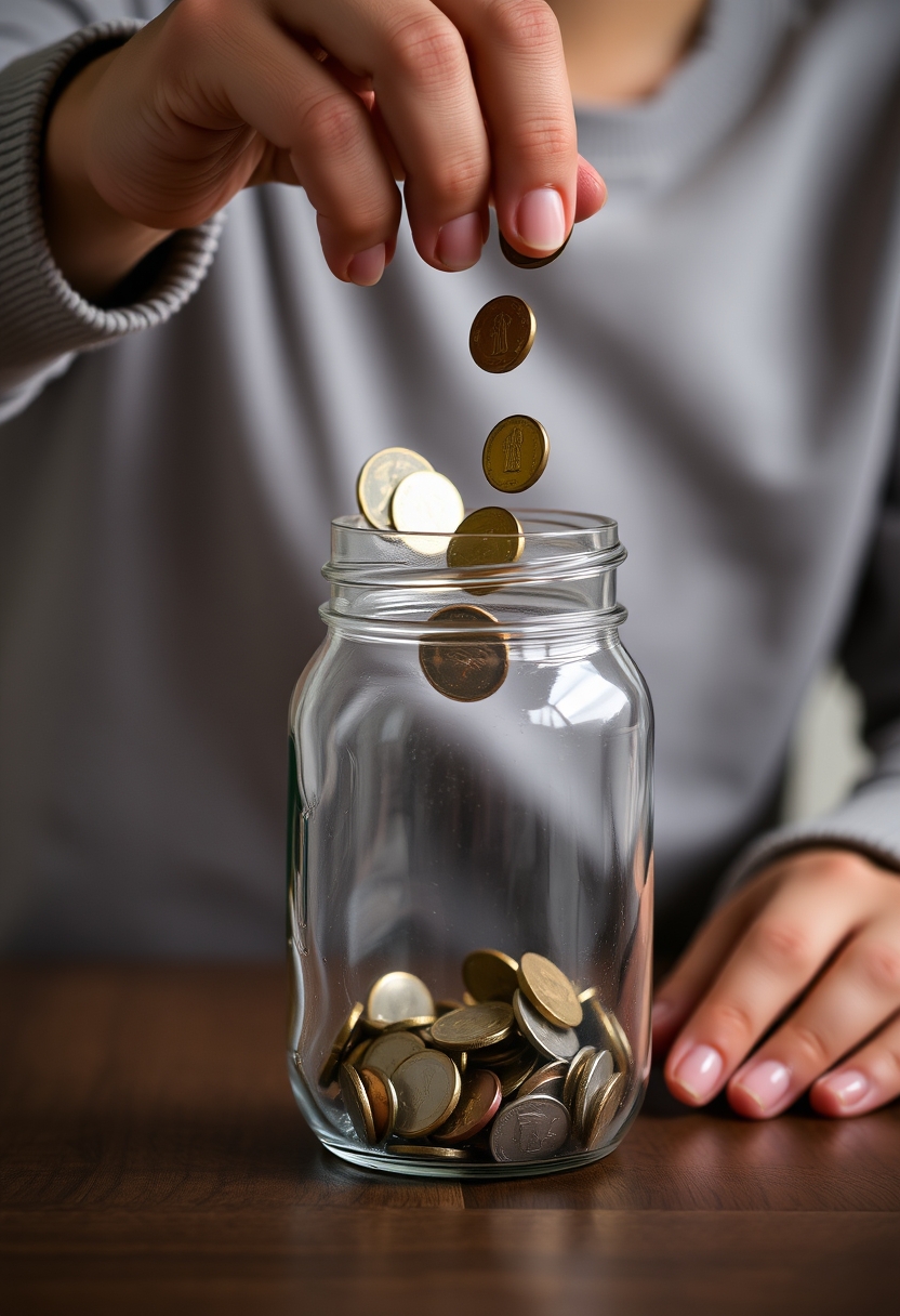 A person is pouring coins into a jar.