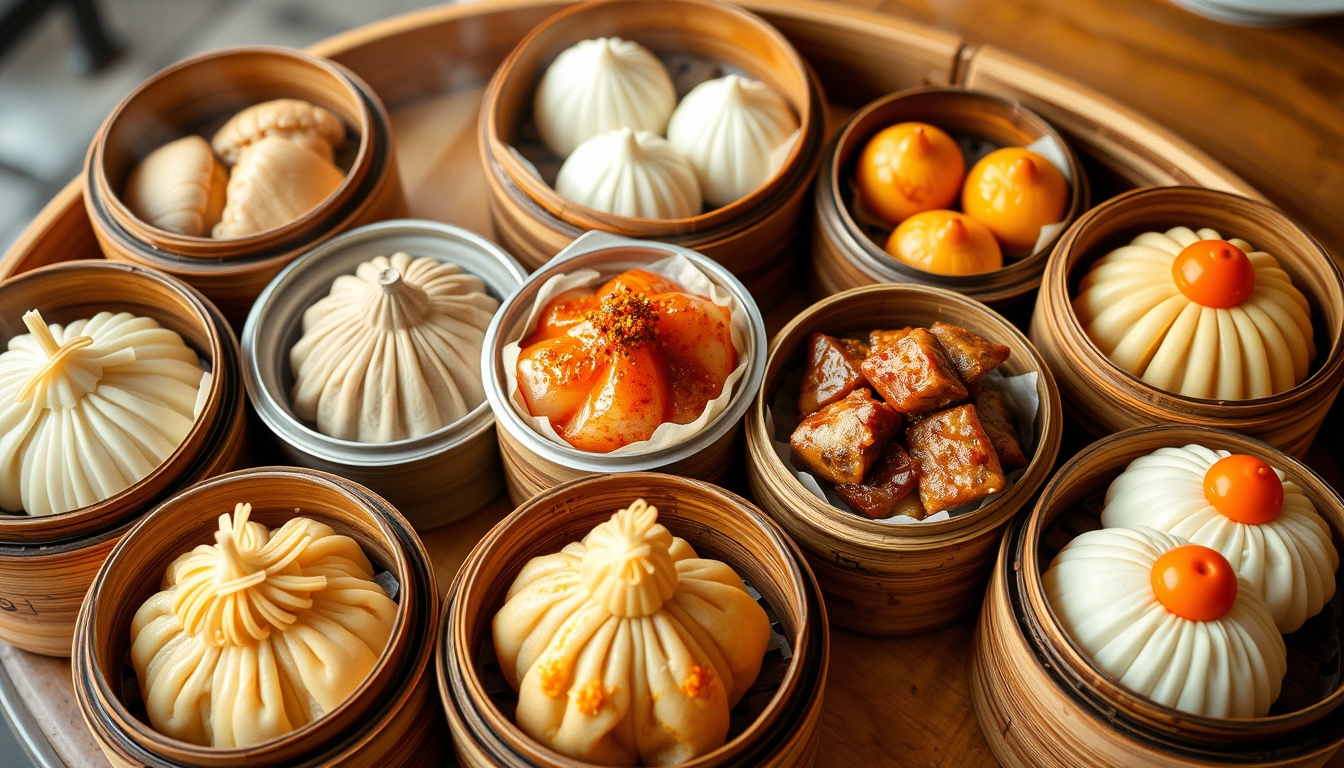 Assorted dim sum dishes in bamboo steamers, highlighting traditional Chinese cuisine.