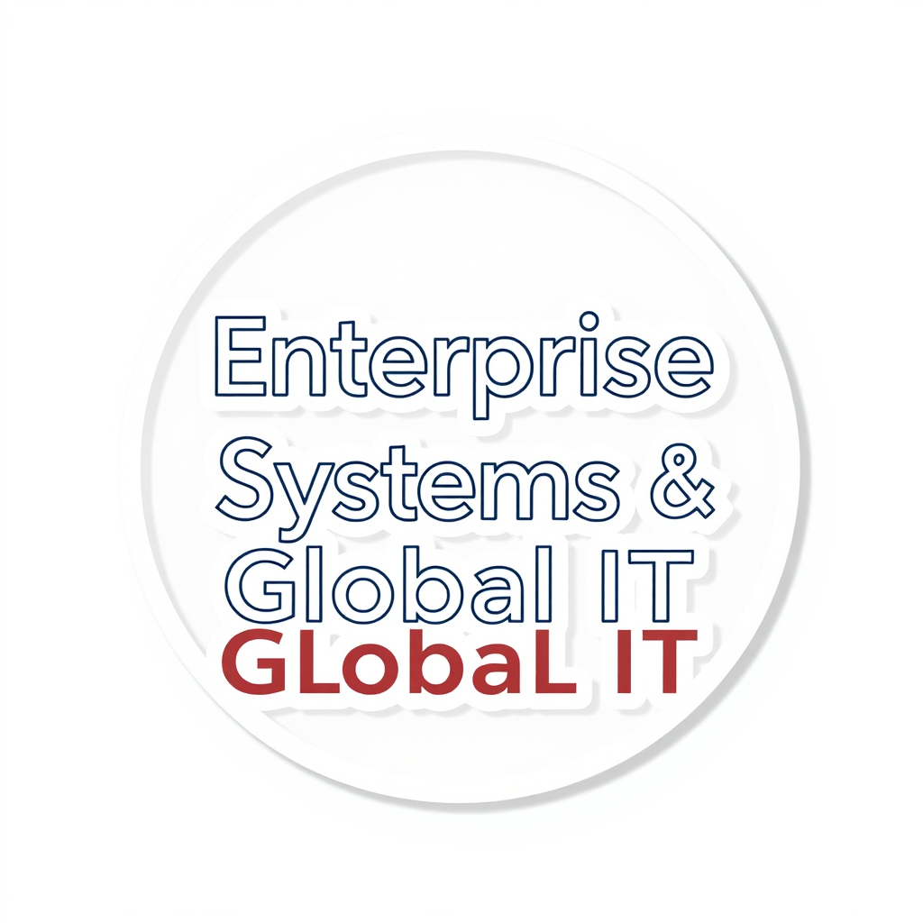 Create a full-frame logo using the color palette for The Knot WW for the "Enterprise Systems & Global IT" team. Incorporate the text of the team name into the logo and make it stylistically representative of the team's functions. Use a transparent background and design it to look like a sticker. - Image