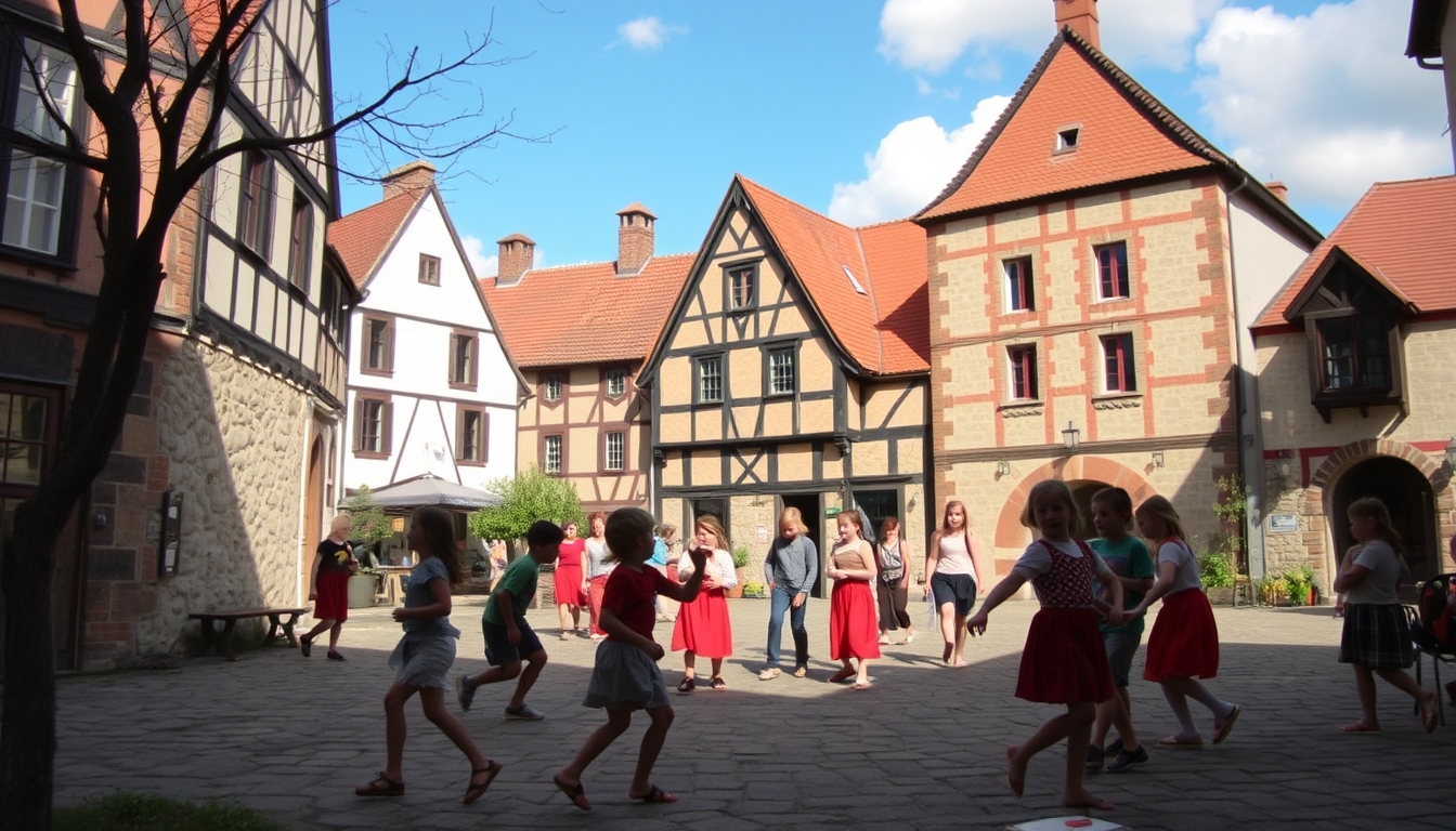 Children in the Middle Ages frolicked in the central square of the village, playing various traditional games. - Image