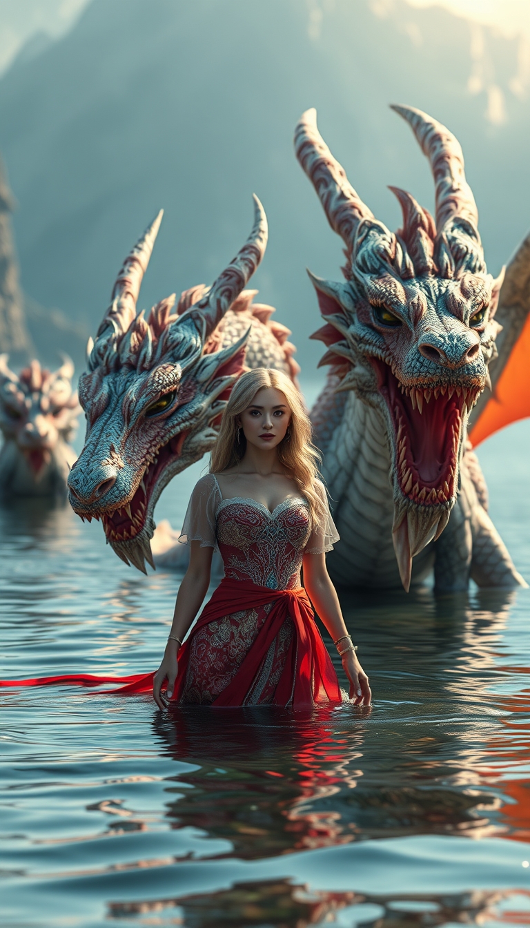 A gorgeous woman is standing in the water next to a dragon, in the style of fantasy scenes, realistic detail, Theo Prins, Magewave, Ferrania P30, Evgeni Gordiets, Kuang Hong, 8K sharp focus, photorealism, highly detailed. - Image