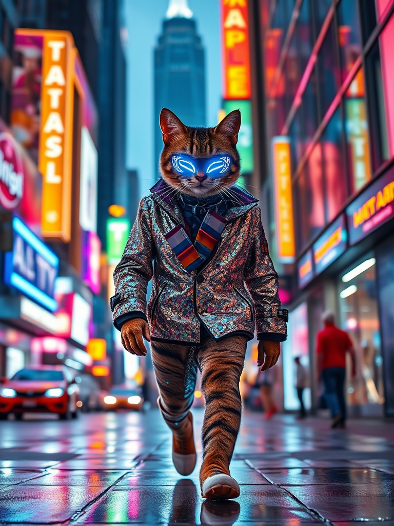 In this dazzling neon-lit urban landscape, a futuristic cat struts down the bustling city streets with confidence and charisma. The cat dons an eye-catching LED mask and a sequined jacket that sparkles with every move, reflecting the bright lights and neon signs. The background features towering skyscrapers, vibrant colors, and reflections of neon on wet pavement. The overall atmosphere is cinematic, capturing the essence of avant-garde fashion in motion, as if the scene has been plucked straight from a futuristic, neon-drenched film.