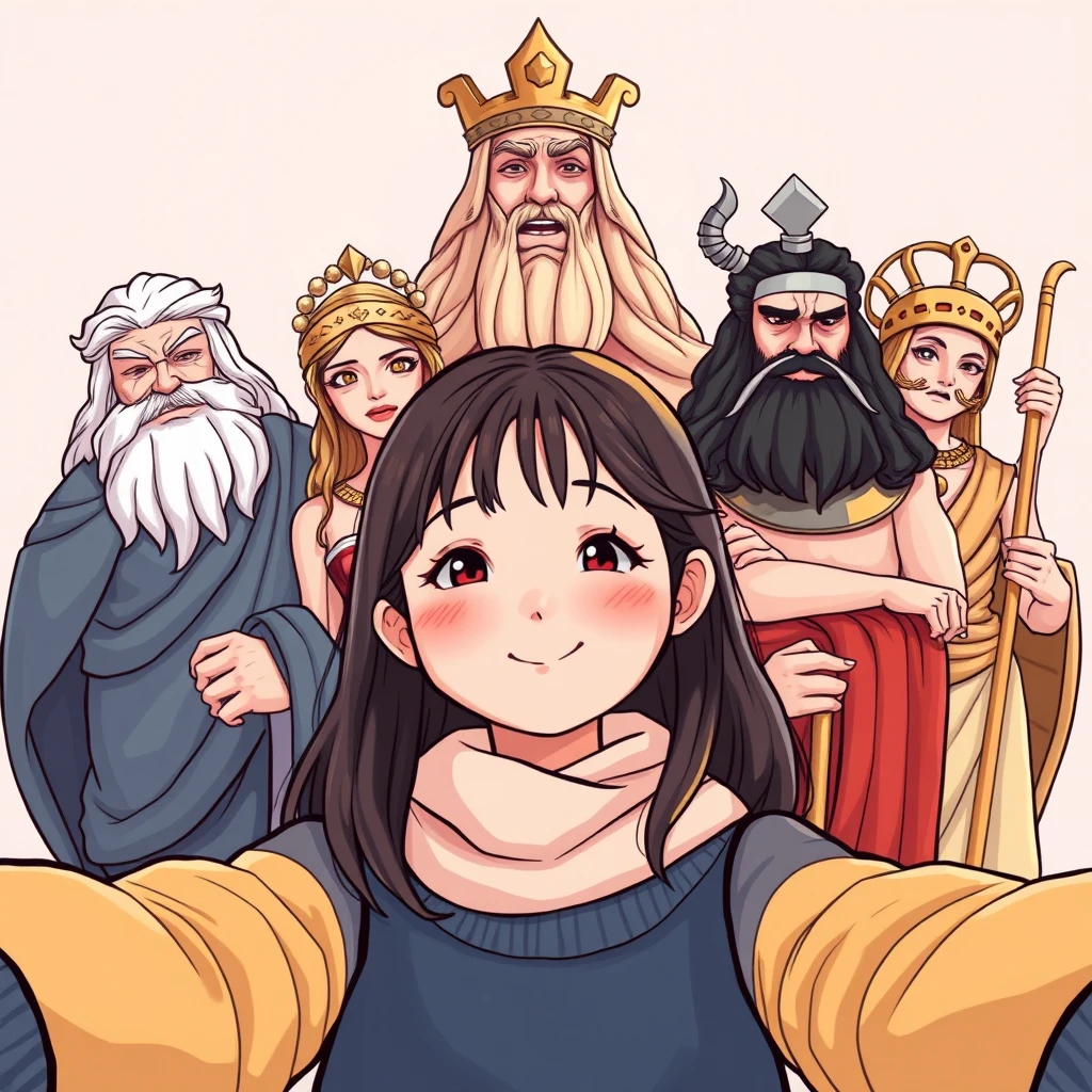 "Please draw a first-grade Korean girl taking a selfie with the Greek gods in the center, in a somewhat cartoonish style. Include the Greek gods: Zeus, Athena, Hera, Aphrodite, Dionysus, Cupid, Hercules, Hephaestus, and Hermes, and make the Greek gods stand out a bit more. The main character should be the girl in the center. Draw the girl cutely in a Korean style and include more of the gods."