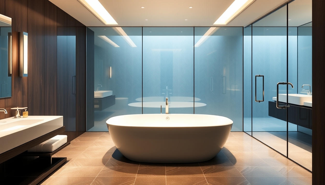 A sleek modern bathroom with glass walls and a luxurious soaking tub. - Image