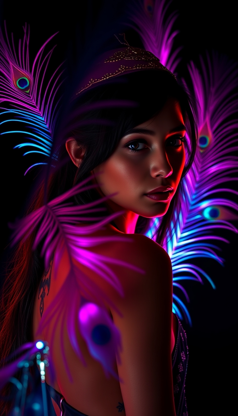 A portrait of a young woman in a dramatic, backlit setting, surrounded by vibrant, colorful peacock feathers. The woman has long, dark hair styled with an ornate headpiece, and a tattoo visible on her exposed back. The feathers are illuminated in shades of pink, blue, and purple, creating a mesmerizing, otherworldly atmosphere. The background is dark, allowing the feathers and the woman's features to be the focal point. Highly detailed, with a sense of movement and energy. Rendered in a photorealistic style. - Image