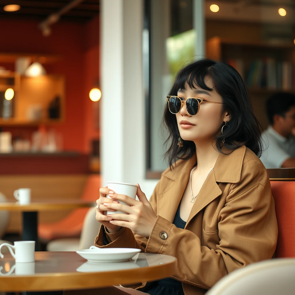 In summer, a 20-year-old fashion influencer is sitting at a chic cafe, wearing stylish clothes and enjoying a coffee, with a depth of field that features a blurry background of the cafe interior, soft ambient light, captured in a candid shot.