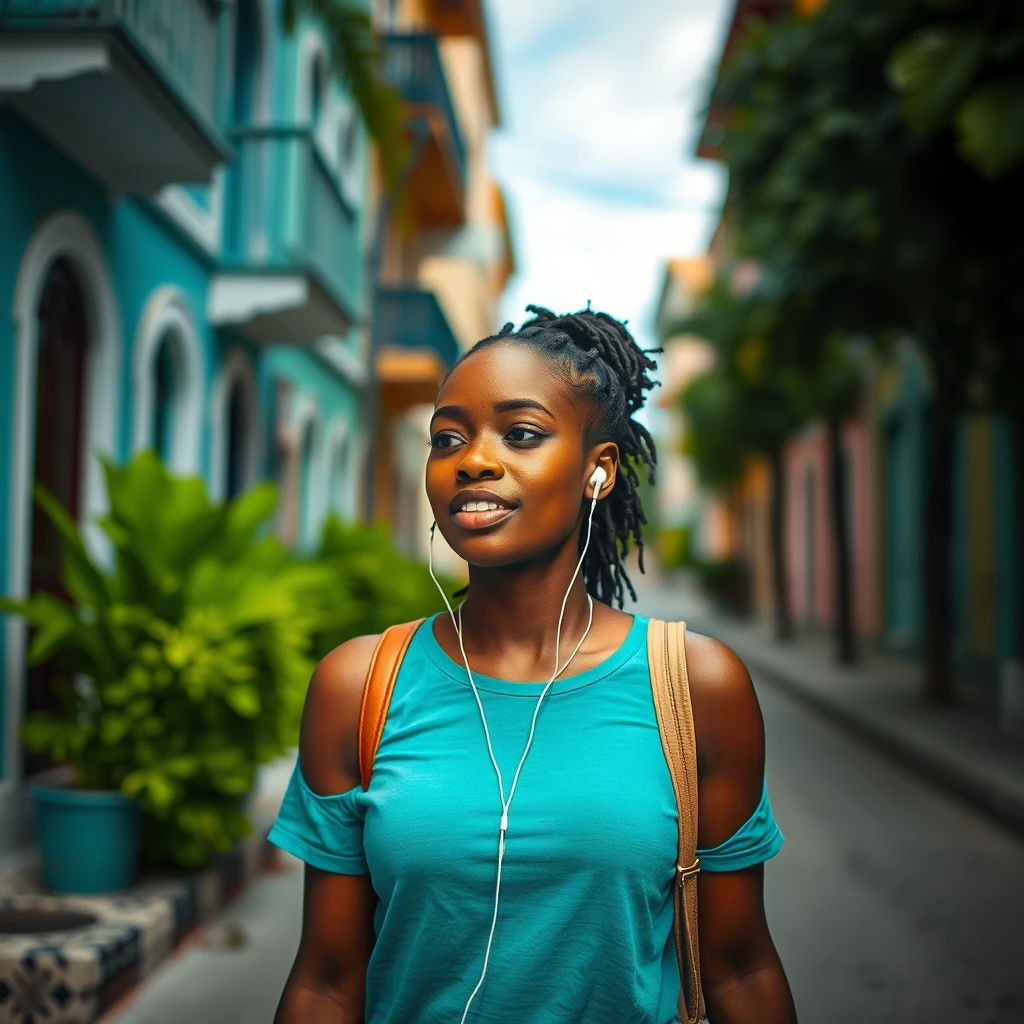 A young black woman walking on a Nassau street in the Bahamas listening to a podcast on her wireless ear buds.