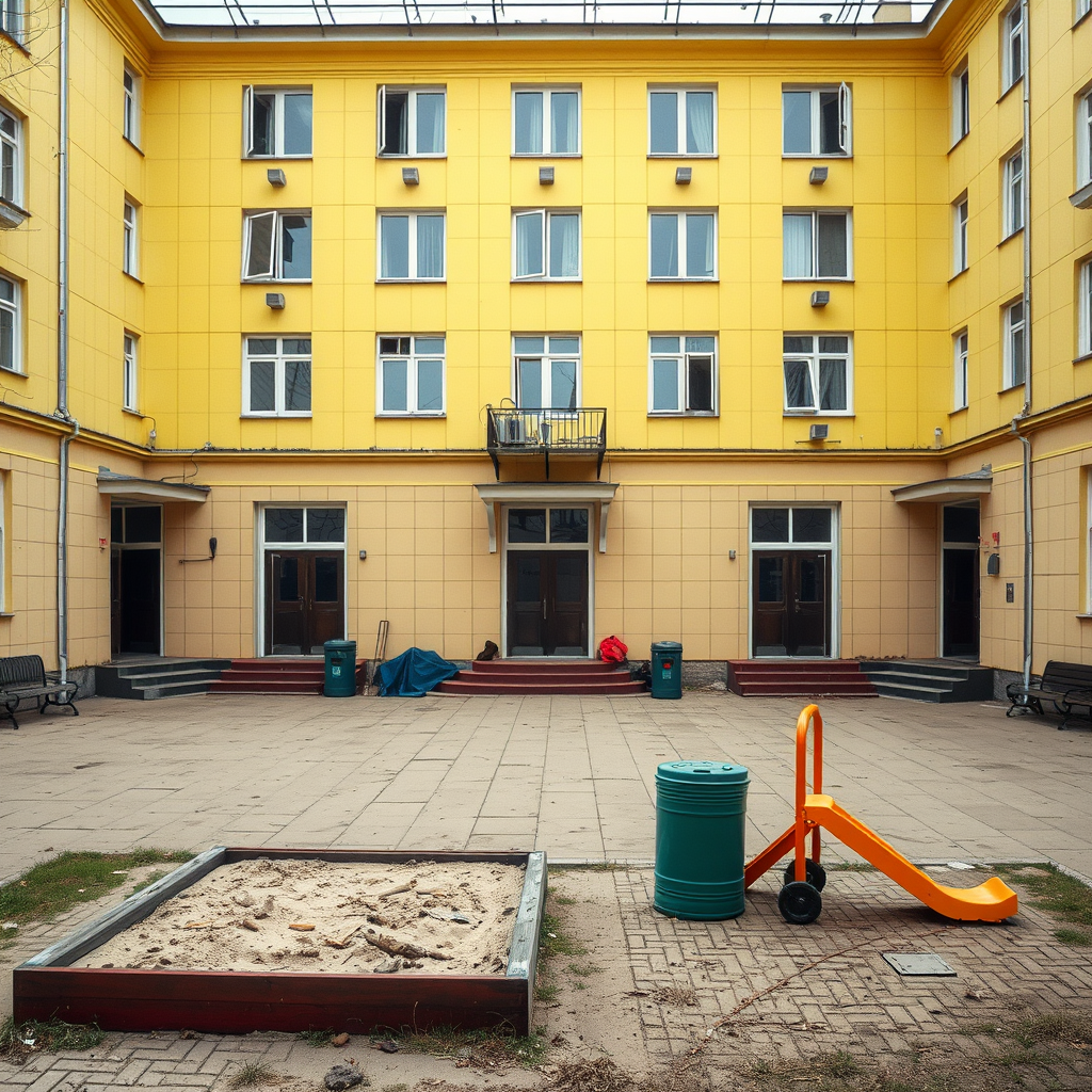 Old Soviet courtyard, in the background a yellow paneled five-story building with five entrances, in the foreground a sandbox, a children's slide, garbage cans and benches by the entrances.