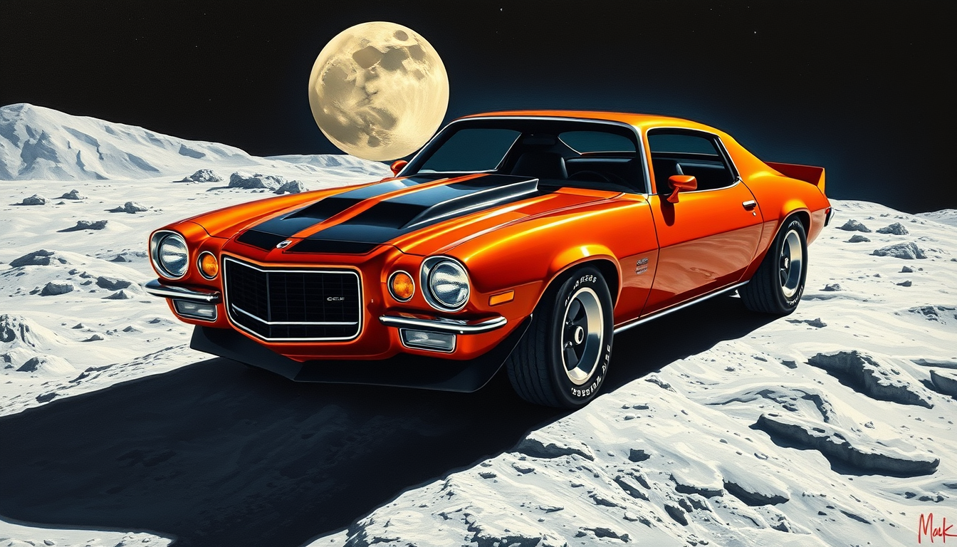 a 1972 Camaro on the moon, as painted by Syd Mead. - Image