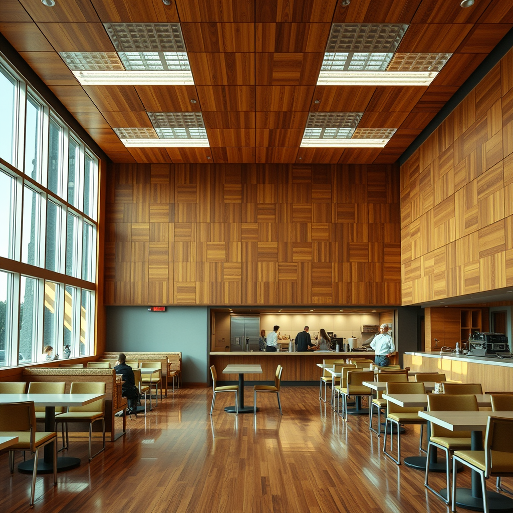 interior, company cafeteria, modern, wood panel, movie scene, colorful - Image