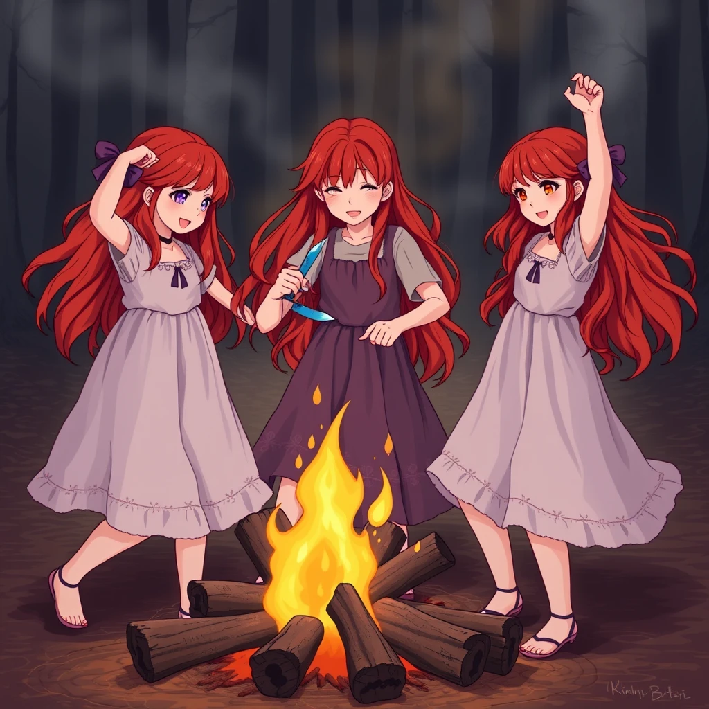 3 Red-haired girls, dancing around a campfire, holding a blue knife in their hands, full body shot.