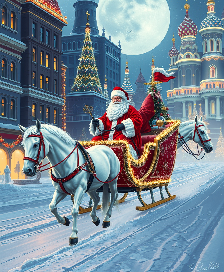 "Russian Snow Grandfather rides a festive sleigh, pulled by three white horses through a futuristic Russian city decorated with Christmas lights." - Image