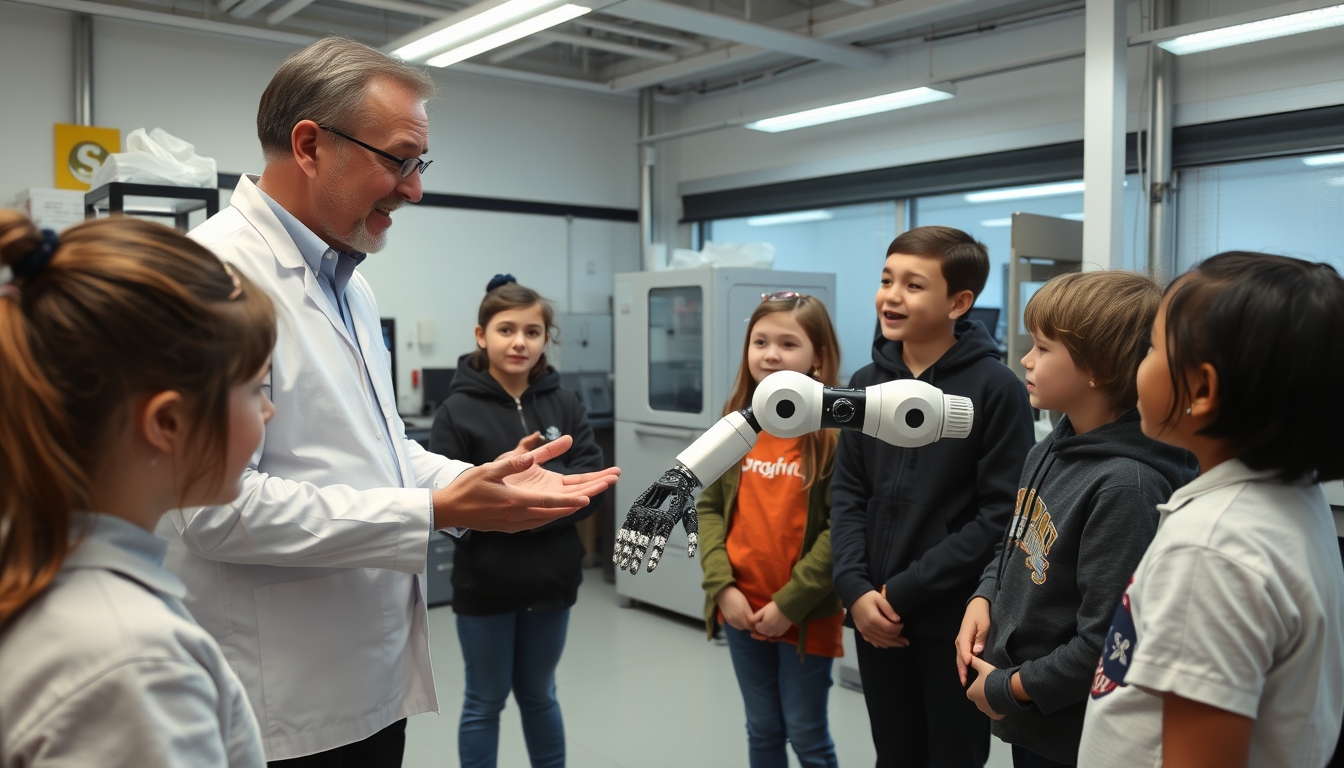 Field trip to a real robotics laboratory, encouraging children in a career in robotics. A real scientist talking with young students, showing them a robotic arm.