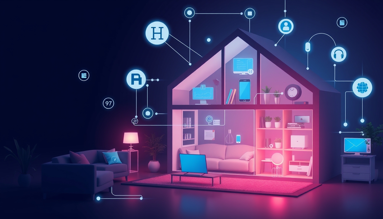 Smart home with interconnected devices, depicting the Internet of Things (IoT). - Image