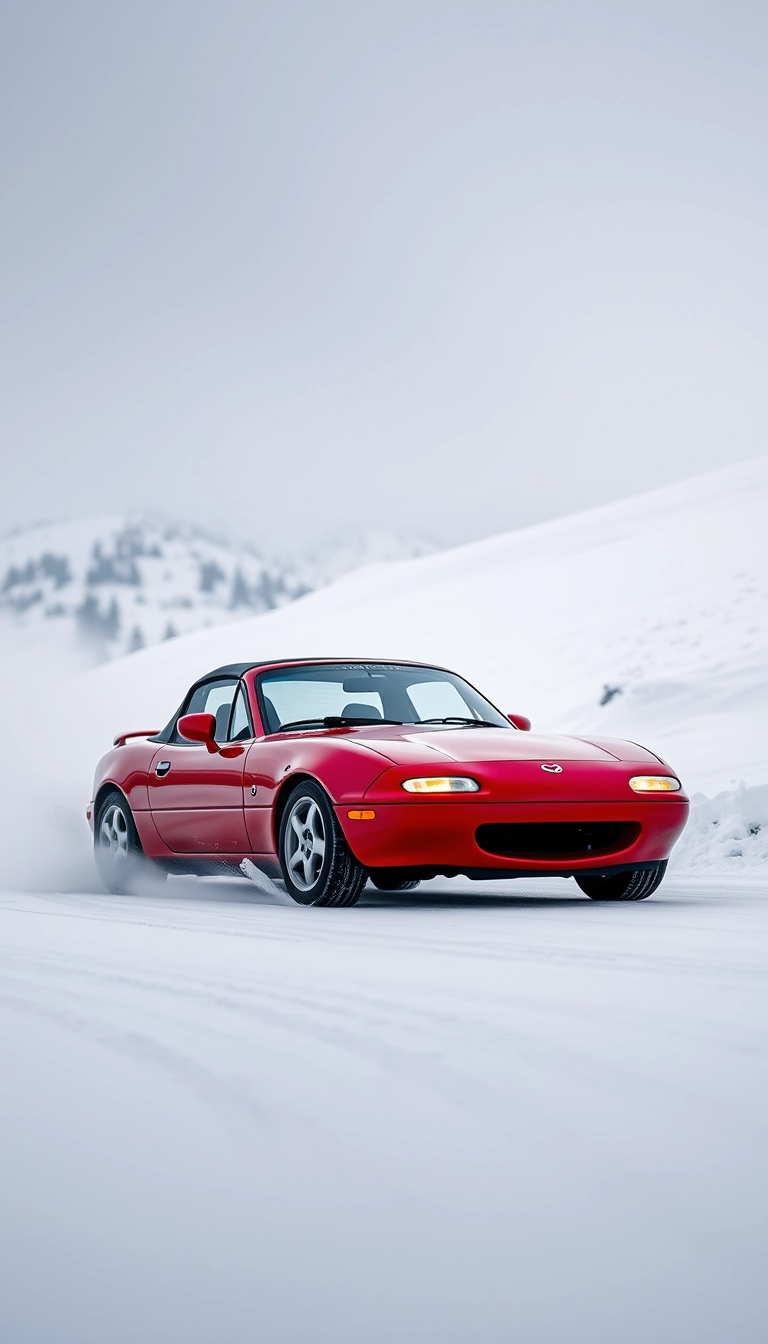 Create an image of a red 1991 Mazda mx5 drifting on a snowy mountain.