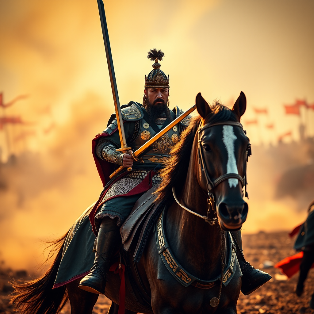 Cinematic photography of a Han Dynasty general, armored and holding a sword, sitting proudly on a strong horse, battlefield in the background with dust and chaos, 4K ultra-high definition, warm and dramatic lighting casting long shadows, rich historical colors like gold and red, dynamic wide-angle shot that captures the general's authority and the intensity of the battle, shallow depth of field with the background slightly blurred to emphasize the general and his horse.