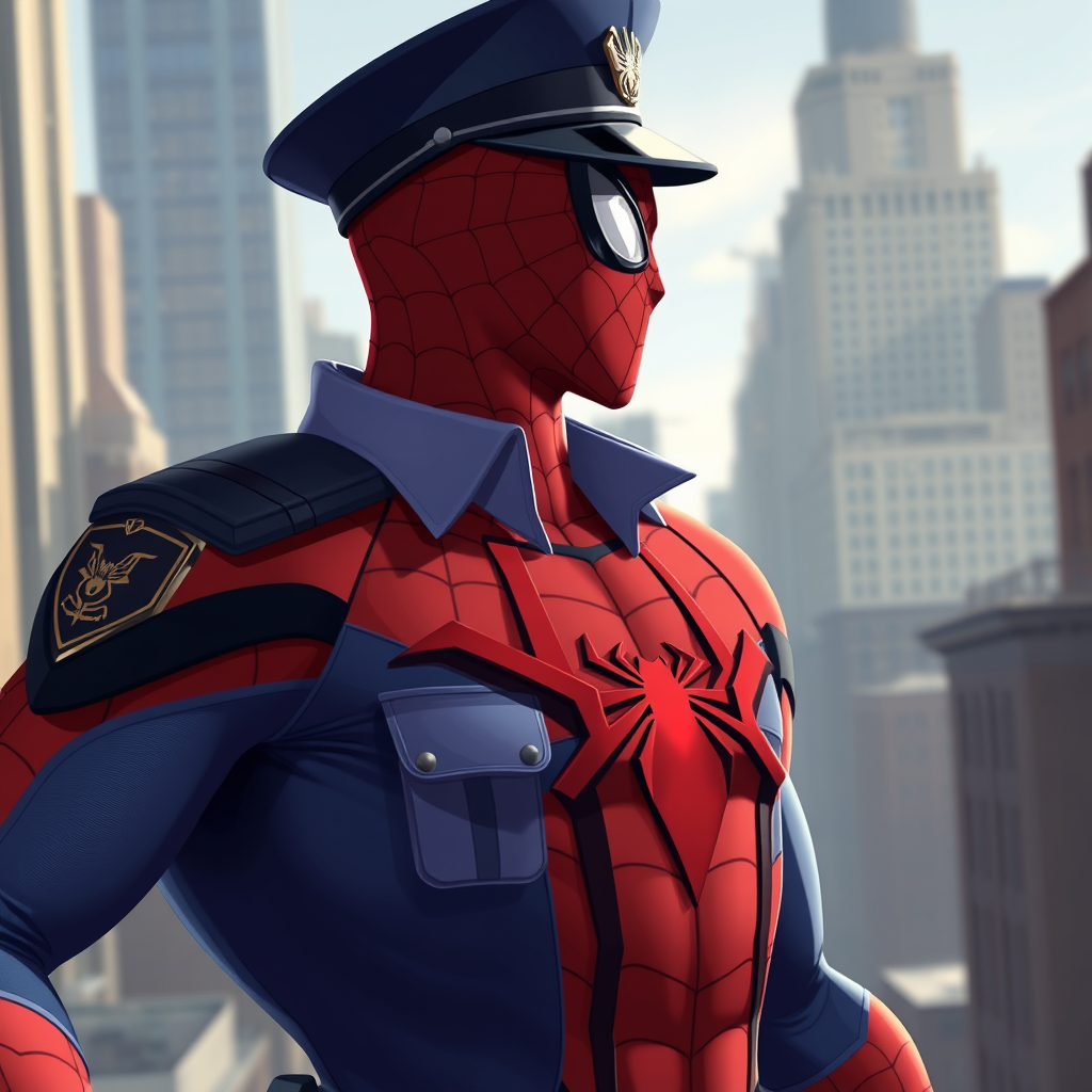 Spiderman como oficial de policía, renderizado en 2D, vista de cuerpo completo, fondo de ciudad.