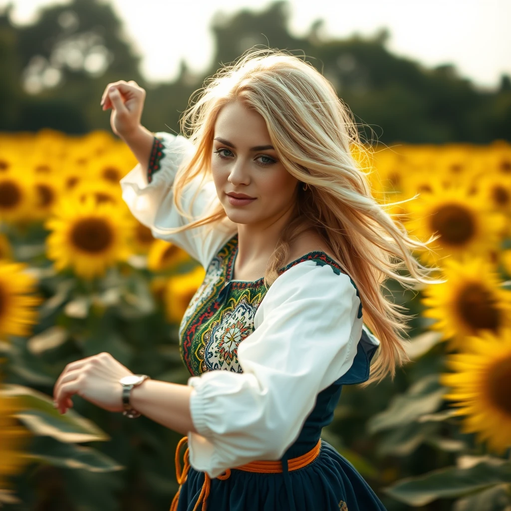 A Ukraine woman dancing in a sunflower field, 20 years old, blonde, with light in her eyes, (Ukraine traditional costume: 1.4), Style by Rick Remender, Motion blur, Movement, Full body, Award-winning work. - Image