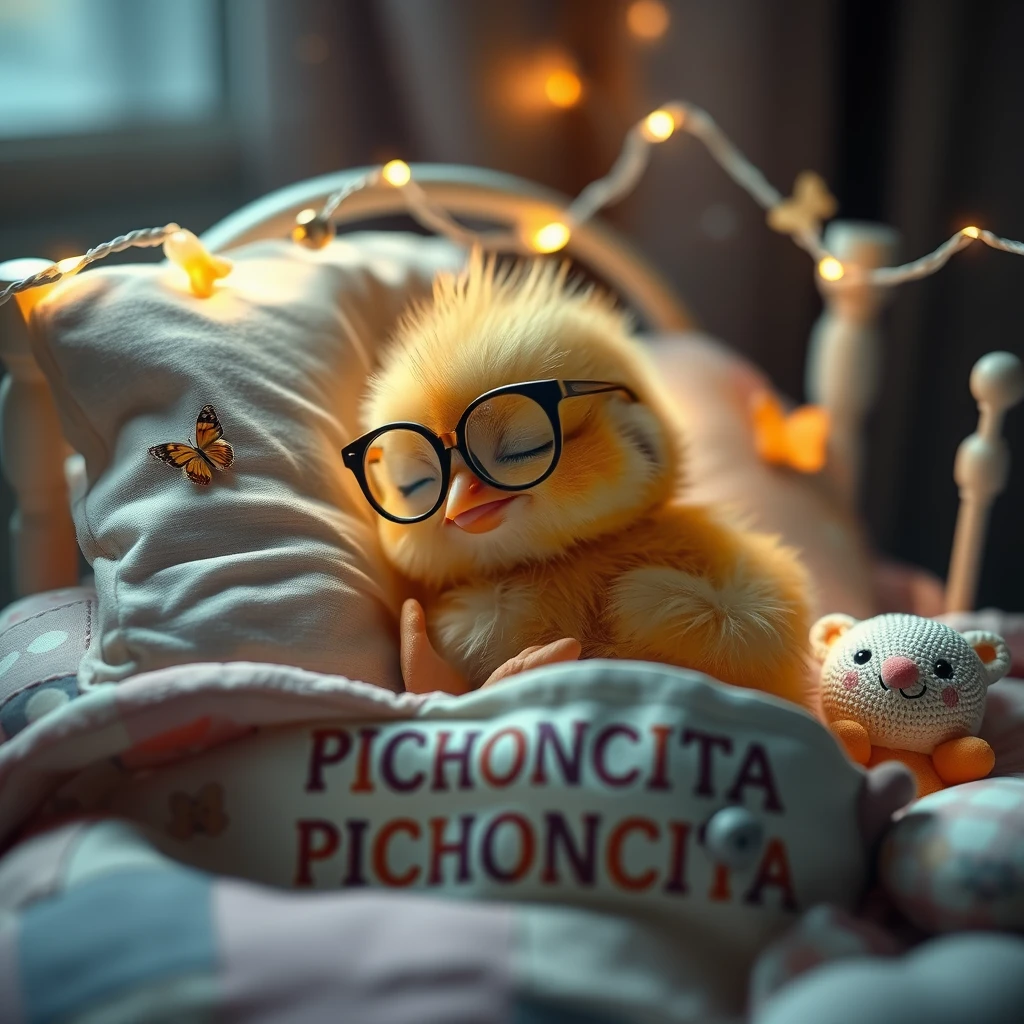 It's nighttime. A sweet, delicate, newly hatched little chick, wearing glasses, rests its head on the pillow, deeply asleep in its precious little bed with tiny jingle bells, fluttering, soft colored lights, and childish details that say the name PICHONCITA, surrounded by patchwork blankets, butterflies, and its cute stuffed animals. Photography.