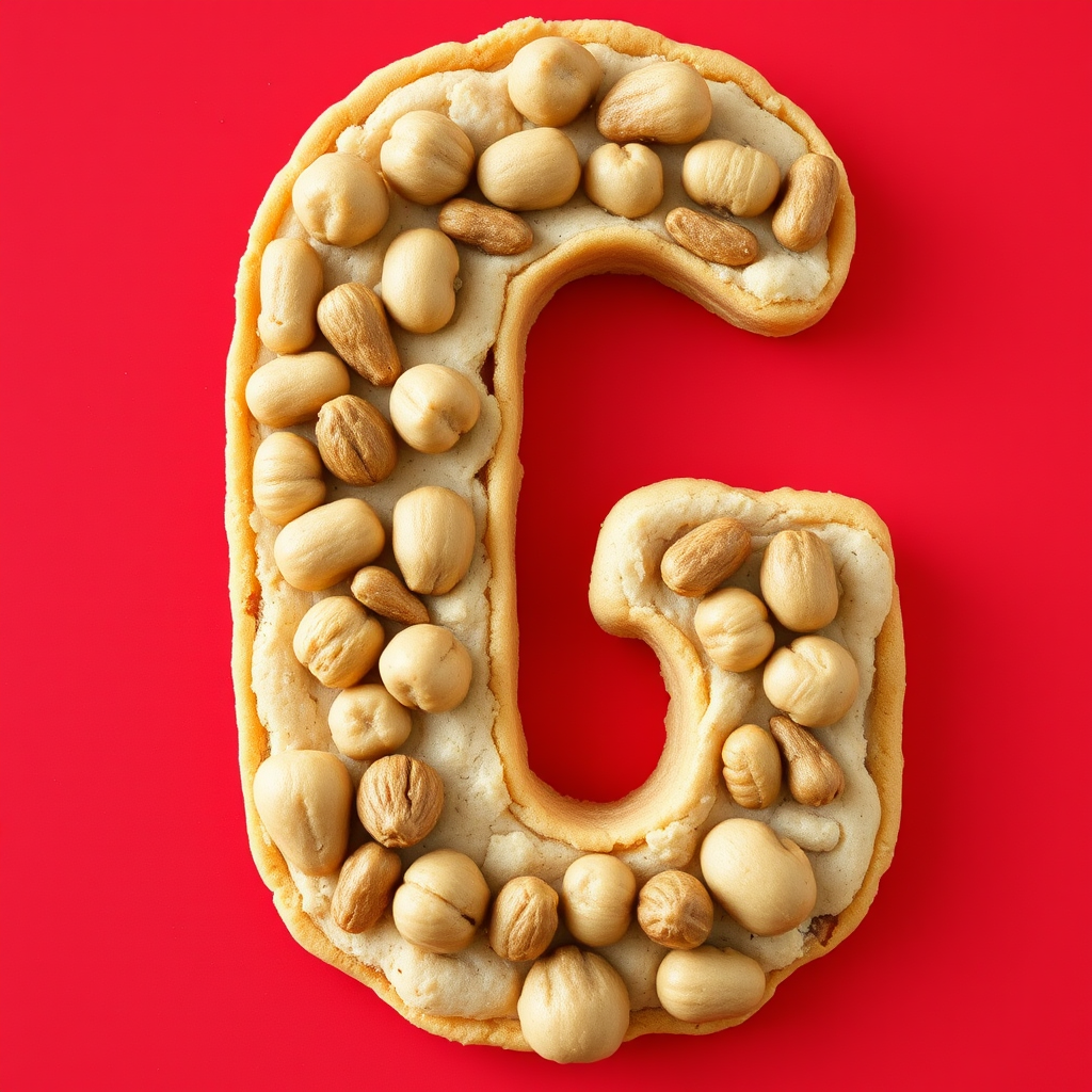 A letter "G" made of nut cookies, red background, realistic photograph.