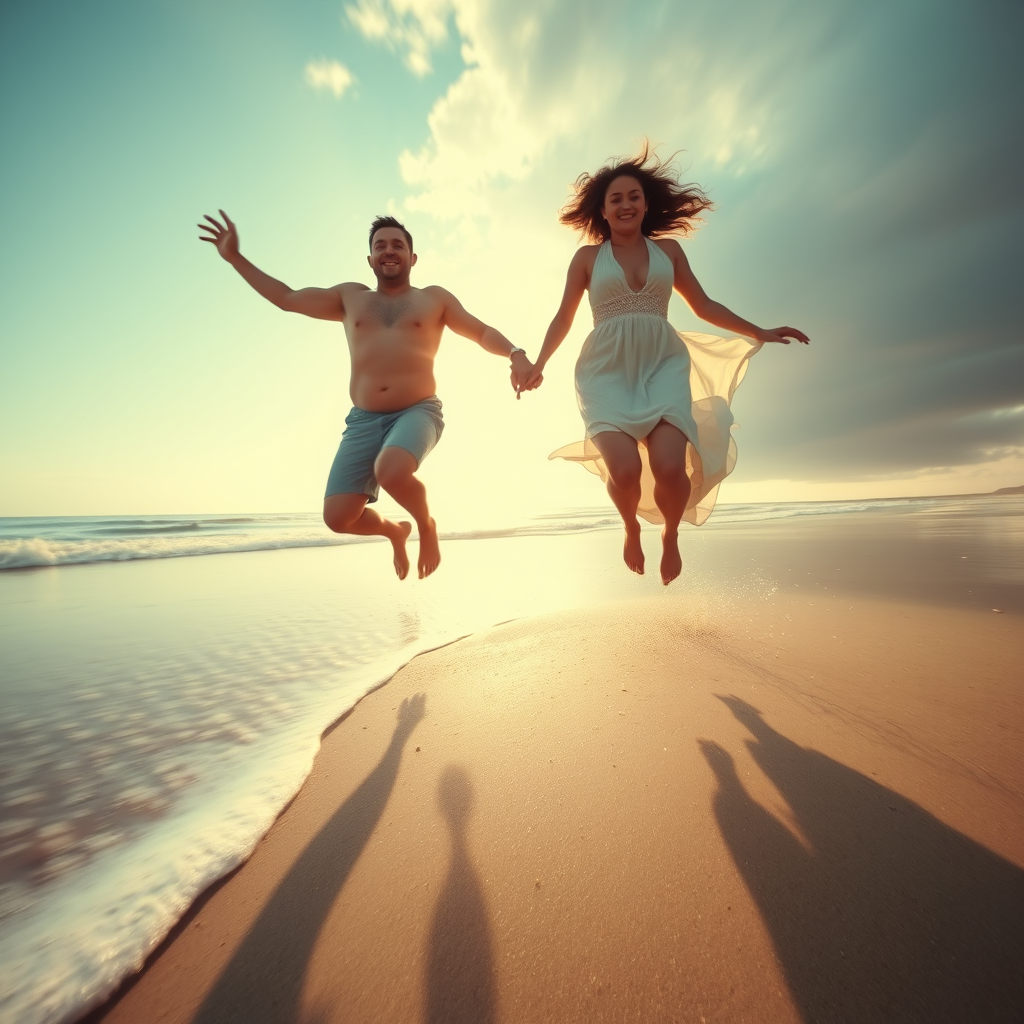 Super slow motion shot of a couple jumping on the beach moving towards the camera. - Image