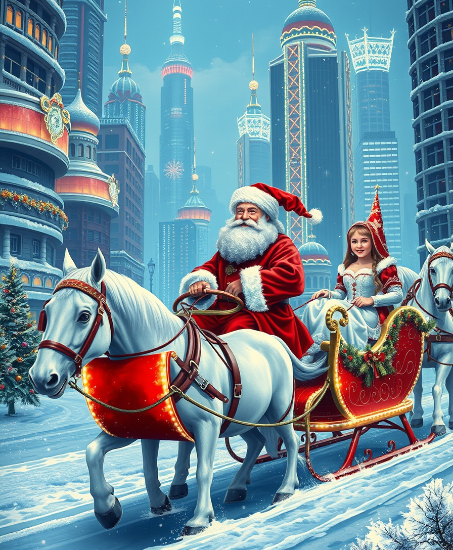 Russian Snow Grandfather rides in a festive New Year's sleigh pulled by a Russian troika of horses through a futuristic city decorated with Christmas lights. A charming Russian Snow Maiden is sitting next to him in the sleigh.