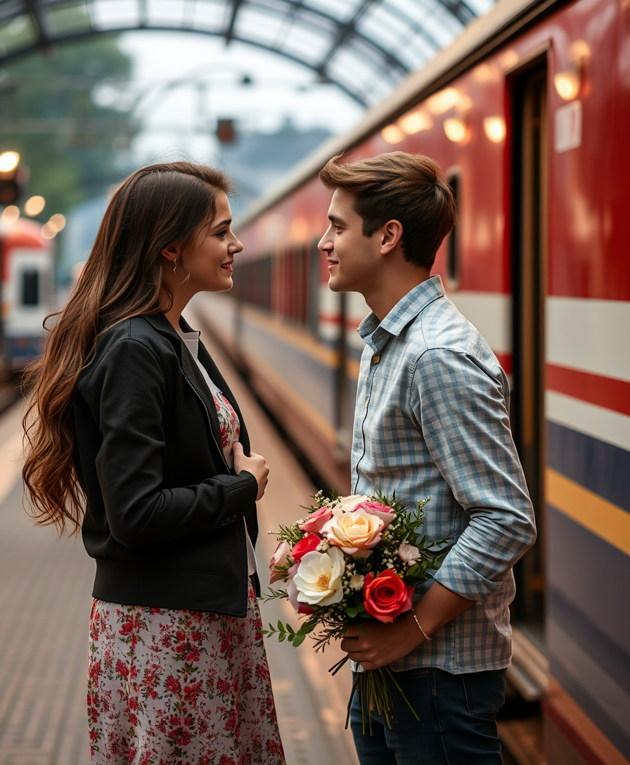 A romantic scene on the platform near the train, a young man and a girl in love look at each other tenderly, a bouquet of flowers in the guy's hands. - Image