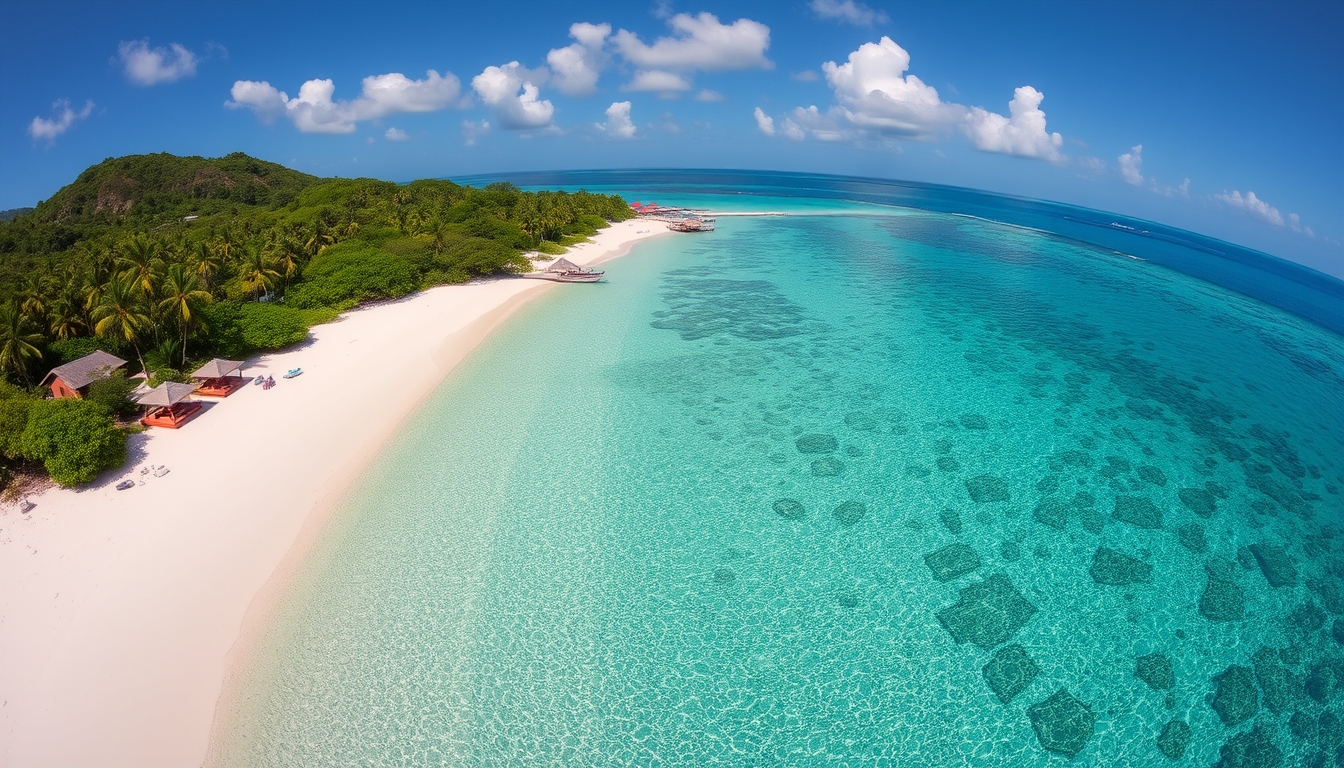 A panoramic view of a remote, pristine beach with crystal-clear waters, eco-friendly accommodations, and untouched natural beauty. - Image