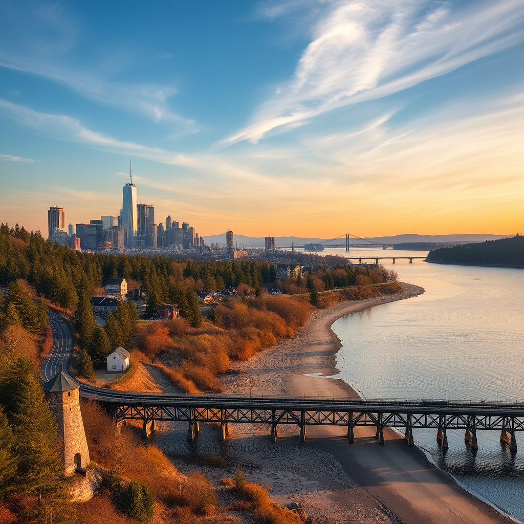 Cities skylines, a small village in the woods by a river that flows into a lake, rail bridge near beach.