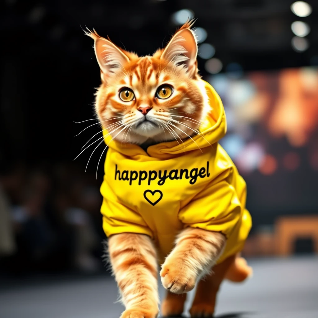 A brown cat in a yellow jacket with the name "happyangel 모카" embroidered on it is walking on the fashion show stage. - Image